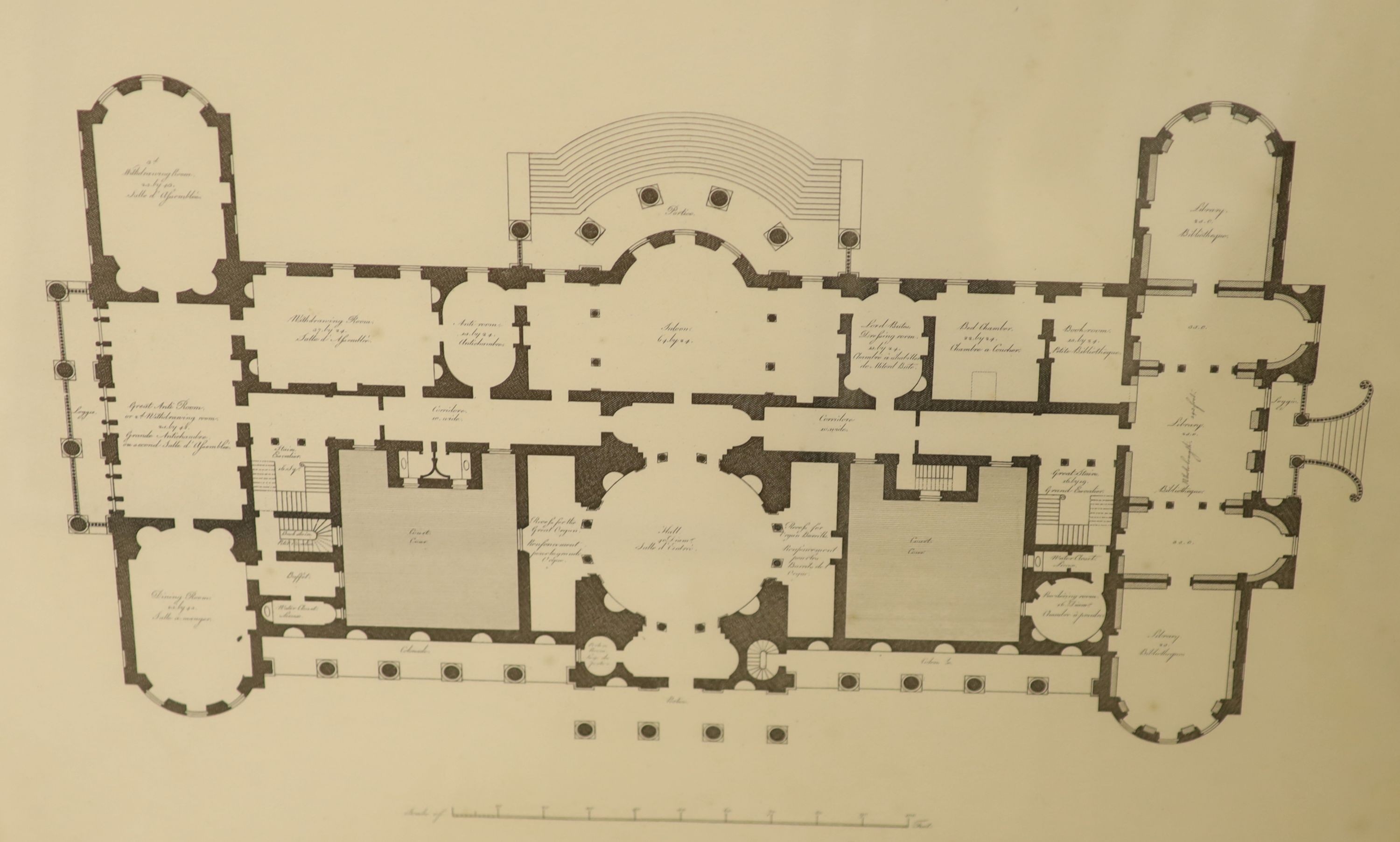 Five reprinted studies of architectural engravings, largest 33 x 46cm